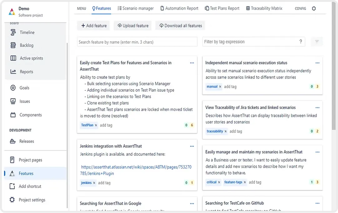 BDD discovery in Jira showing a user story linked to features and scenarios for team collaboration