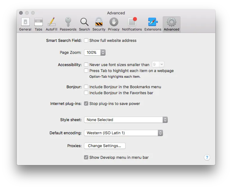 Safari preferences panel.