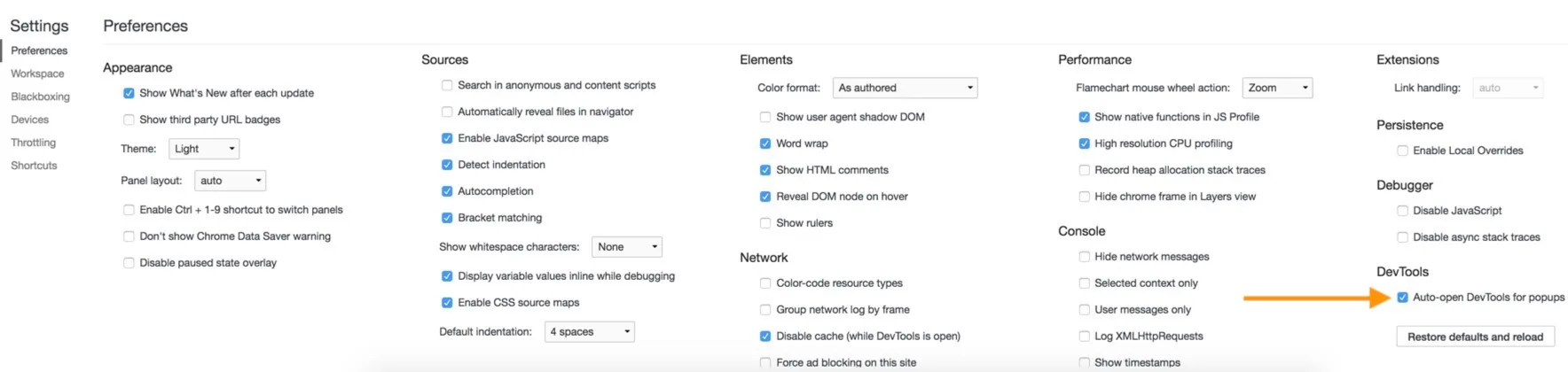 The Developer Tools settings panel.