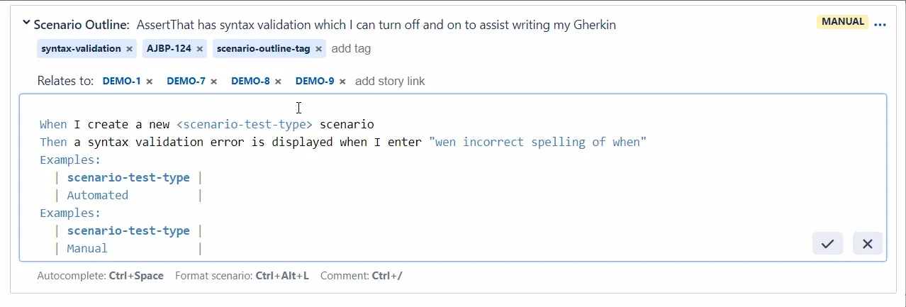 Interface of the enhanced Gherkin autocomplete feature in Jira by AssertThat plugin.