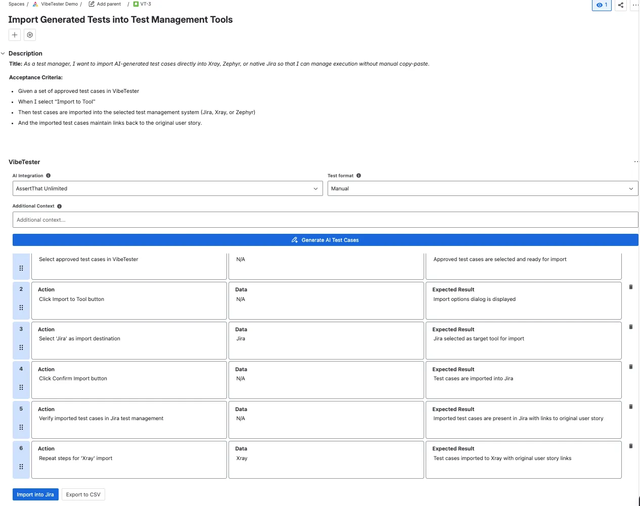 VibeTester panel in the Jira issue view with generated test cases