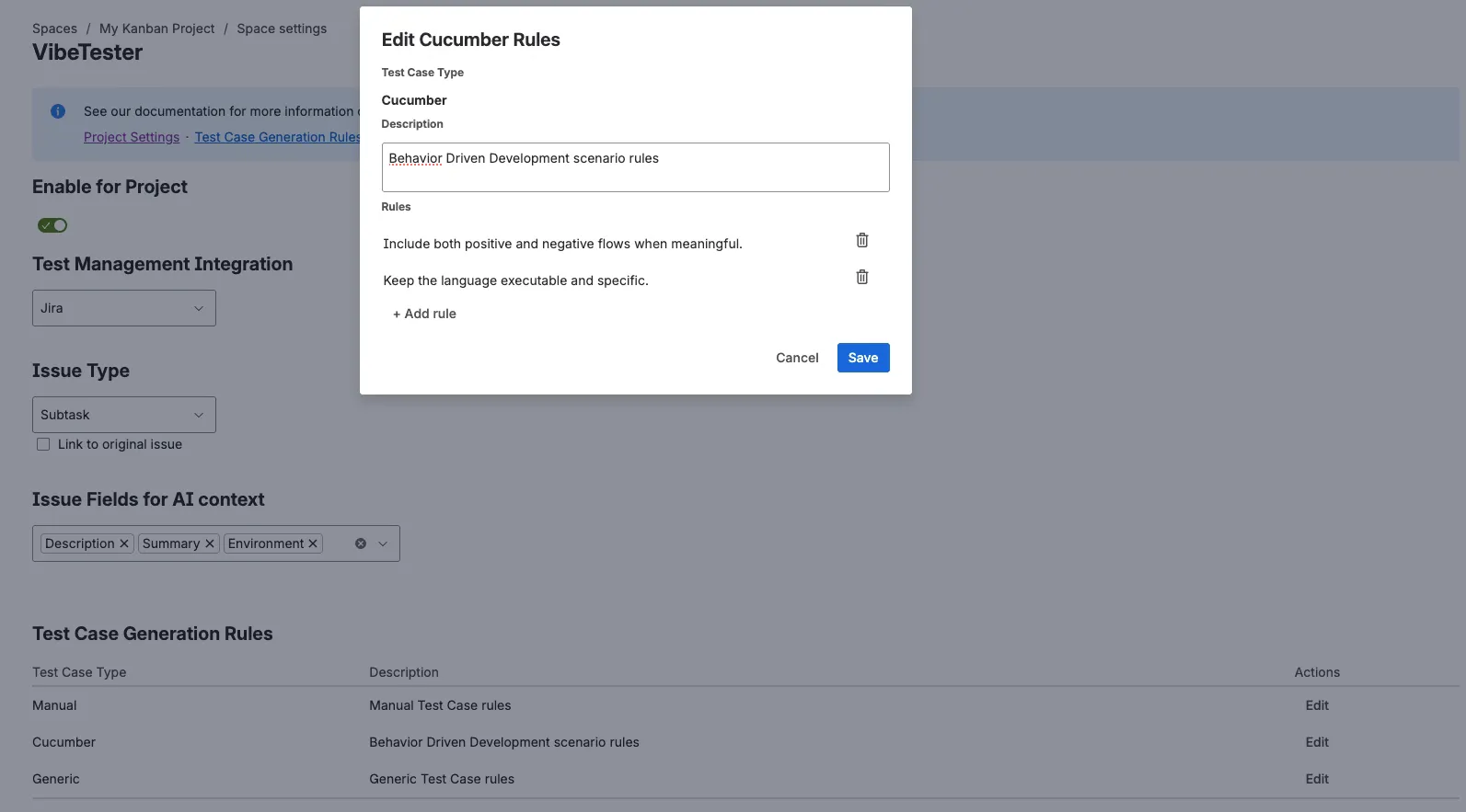 Configuring reusable templates in the VibeTester AI test case generator for Jira