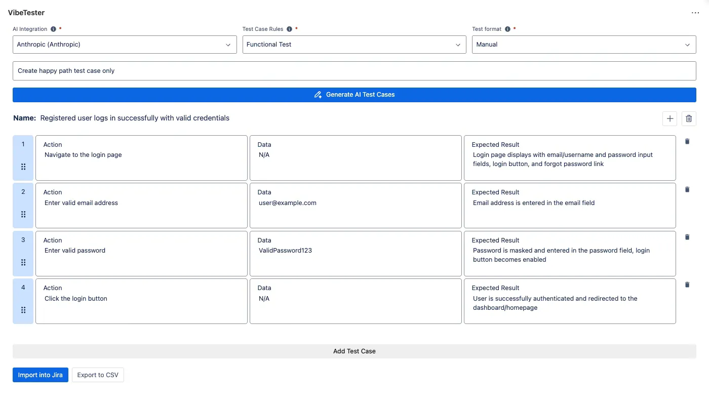 VibeTester AI Test Case Generator panel in the Jira issue view