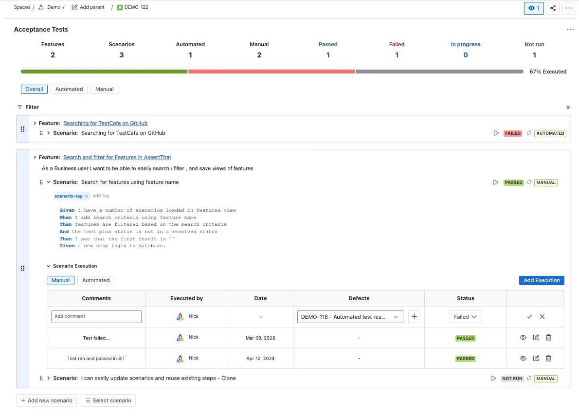 AssertThat BDD Cucumber for Jira issue view showing acceptance test execution status for automated and manual scenarios on a user story