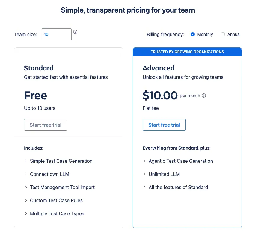 Selecting Standard and Advanced modes in the VibeTester AI test case generator for Jira
