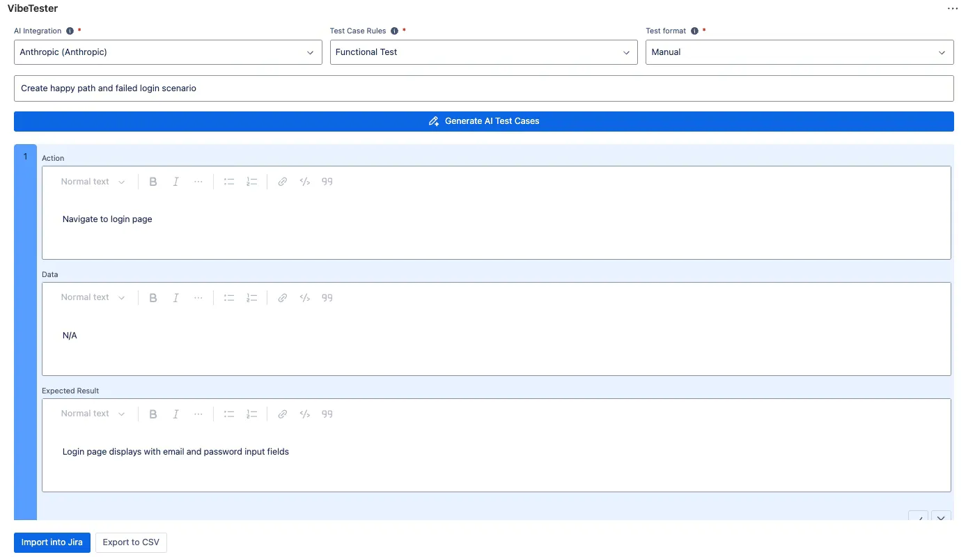 Editing AI-generated test cases before import using the VibeTester AI test case generator for Jira.