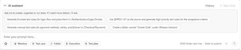 AI assistant prompt bar with suggested prompts and @, #, /, $ and % reference buttons