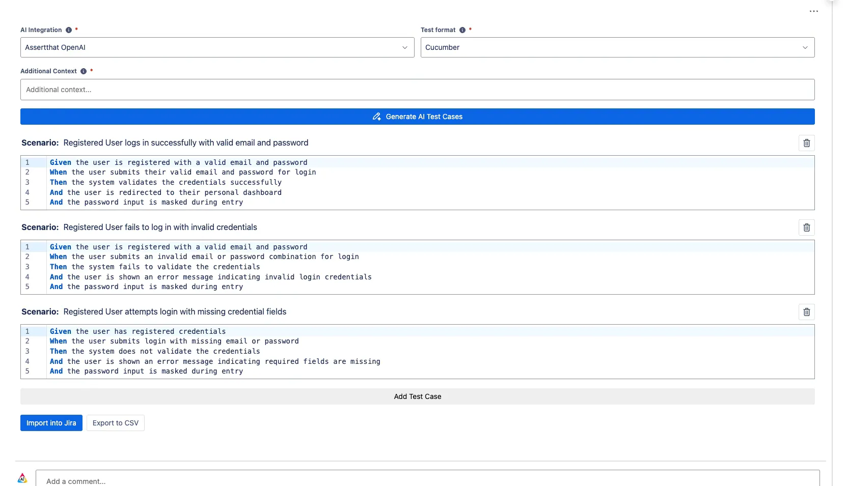 AI-assisted BDD scenario and step generation in Jira with human-in-the-loop review