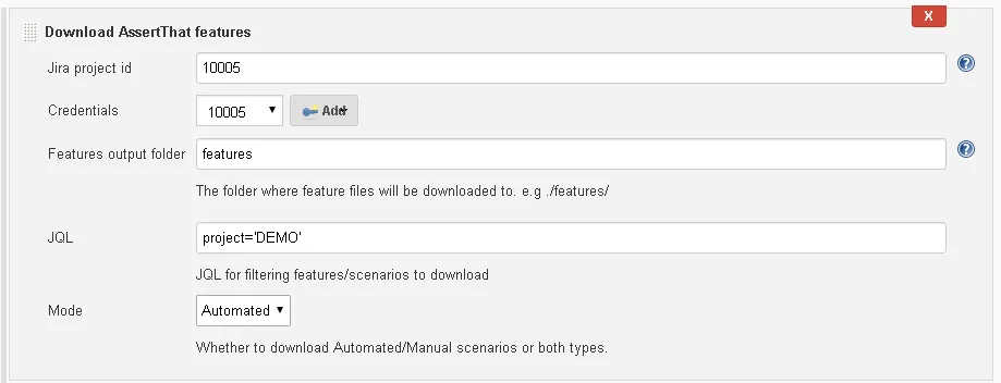 Image of Jenkins displaying the Download Features Configuration for the AssertThat plugin, showing various settings options