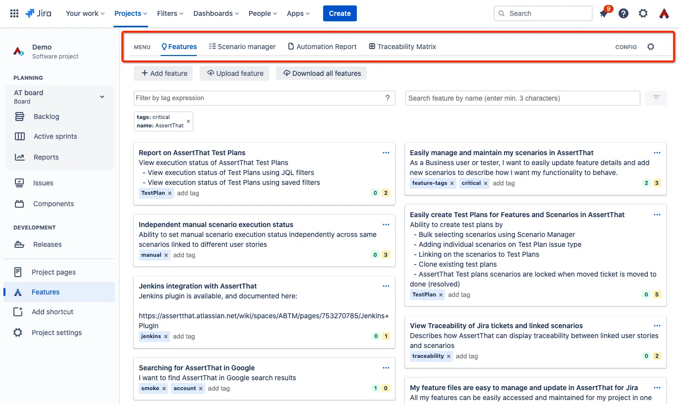 Screenshot of the updated navigation interface in the AssertThat plugin for Jira