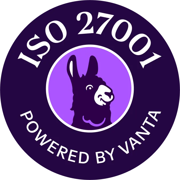 Purple circular logo with a white llama illustration in the center. Text reads “ISO 27001 Powered by Vanta” in white around the animal.