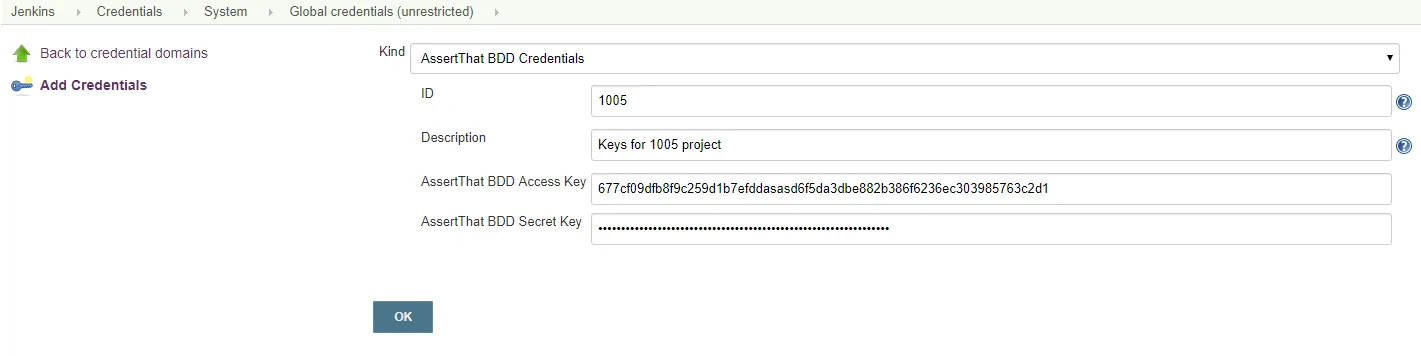 Screenshot of Jenkins interface showing the ‘Add Credentials’ screen, highlighting fields for entering AssertThat plugin credentials