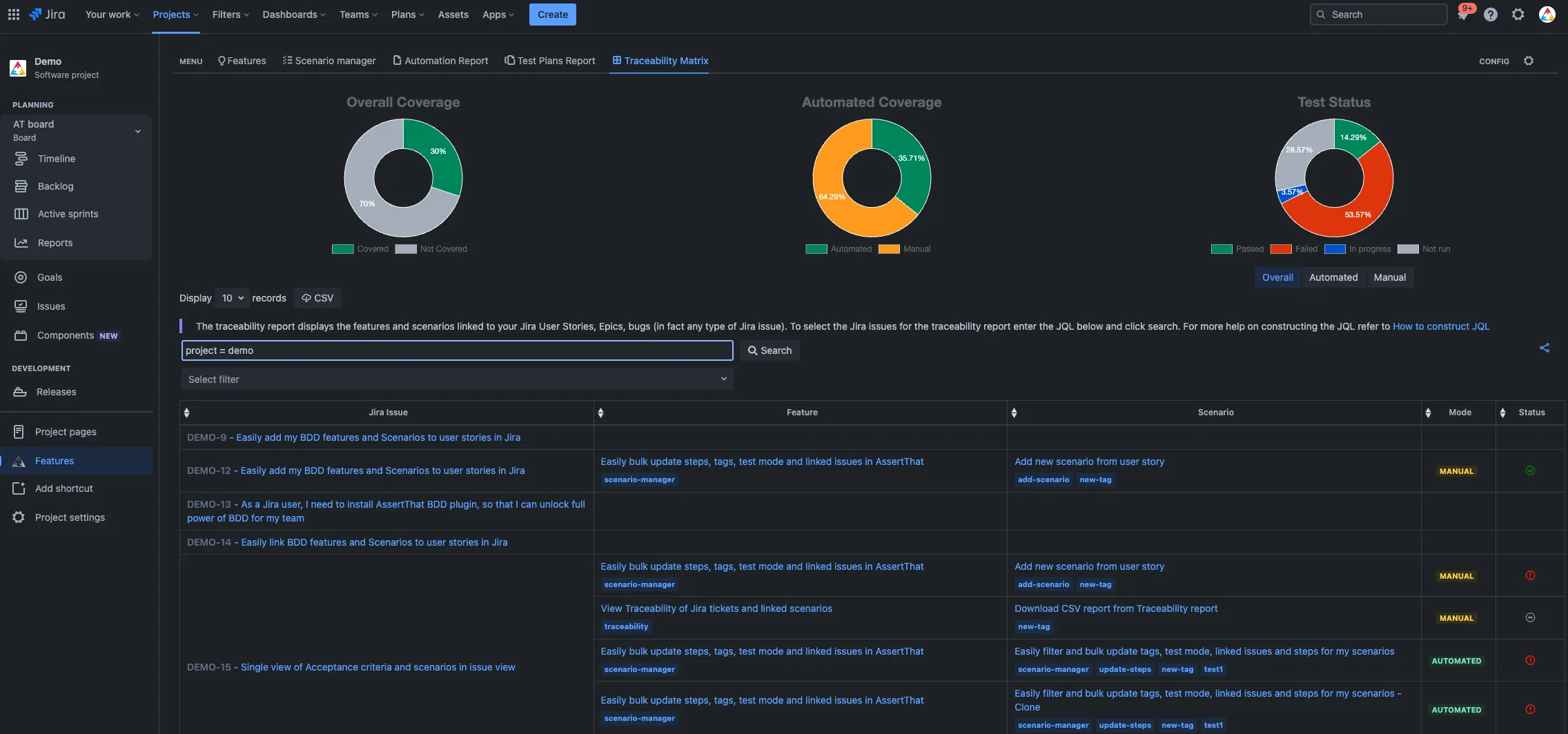 Illustration of the AssertThat BDD Plugin interface seamlessly integrating with Jira’s dark mode, showing the steps to activate dark mode for a visually pleasing low-light usage experience