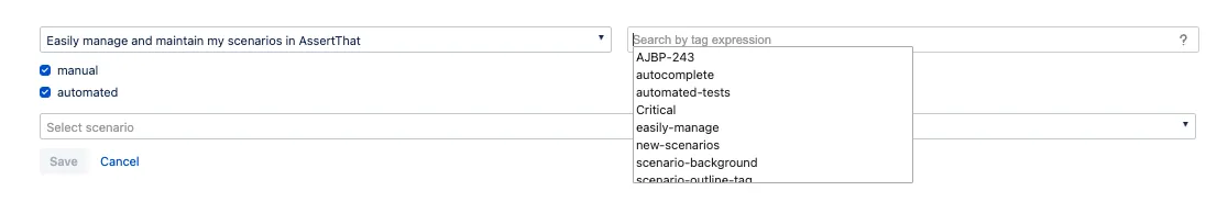 Screenshot showing the improved search interface in the AssertThat BDD & Cucumber plugin for Jira, featuring a more intuitive tag dropdown list for easier scenario filtering