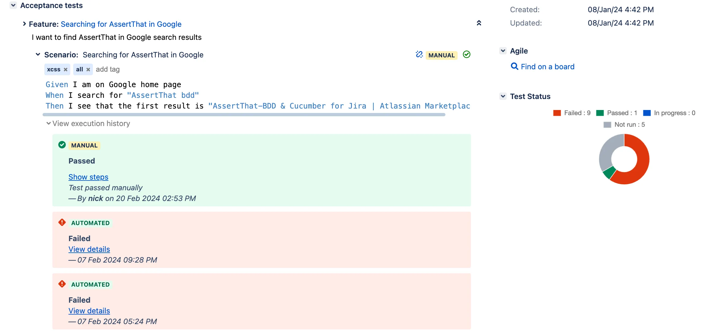 Screenshot displaying the Execution History section of the AssertThat BDD Plugin, with test automation results showing statuses like passed or failed, and including a link to detailed test automation results for easier navigation and triage of failed tests.