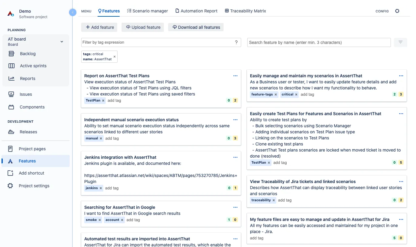 Image of AssertThat’s Jira BDD, Cucumber & Test Management plugin for Jira. The plugin is native to Jira and shows BDD Features and Scenarios. 