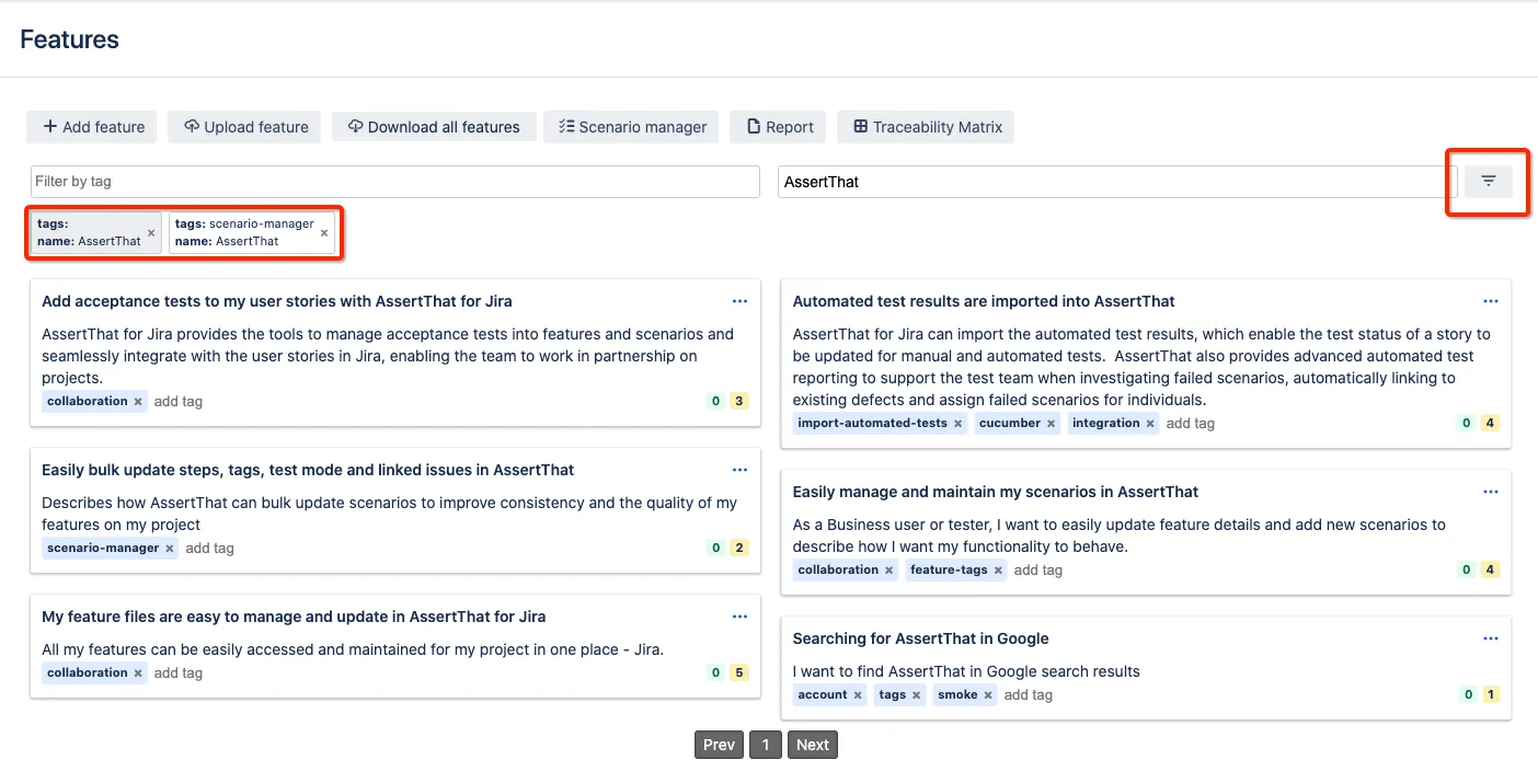 Interface of AssertThat showcasing the BDD Quick Filters feature for efficient BDD scenario management.