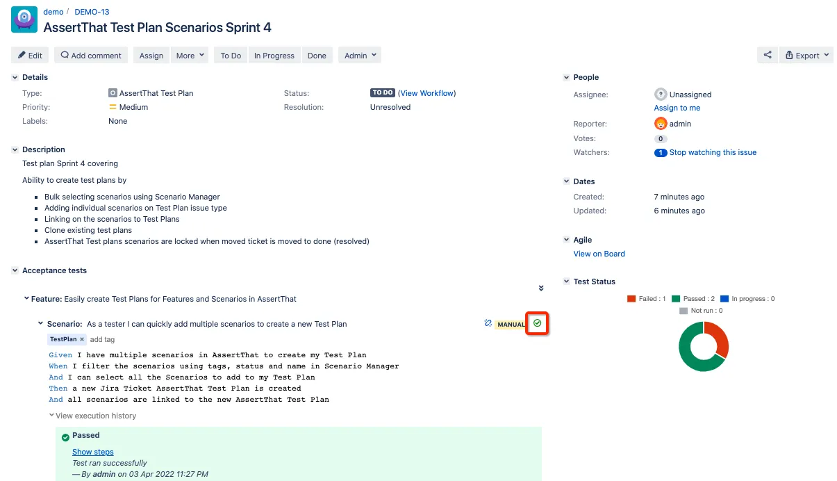 Screenshot of AssertThat Test Plan for BDD scenarios, demonstrating efficient test management and regression cycle setup. Learn more in the blog post