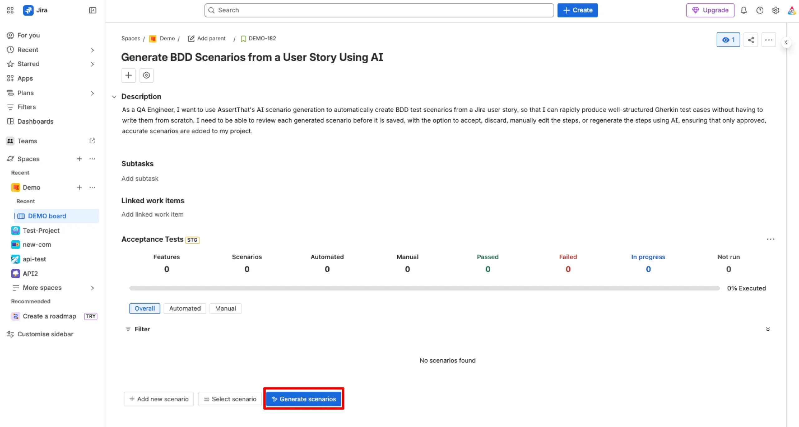 AssertThat BDD Acceptance Tests panel in Jira showing the Generate scenarios button