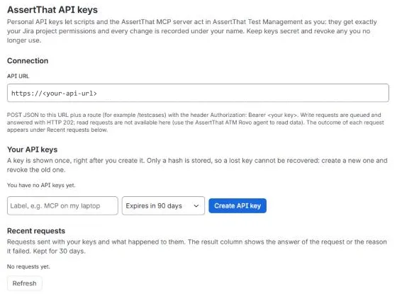 AssertThat API keys personal settings page with the API URL, key creation and recent requests