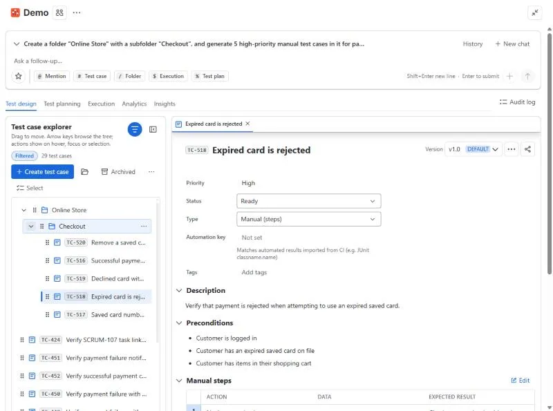 AssertThat ATM project page in Jira with the AI assistant, the Online Store test case folder and an open test case