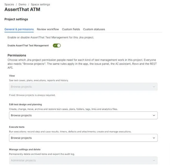 Project settings General and permissions tab with the enable toggle and permission choices