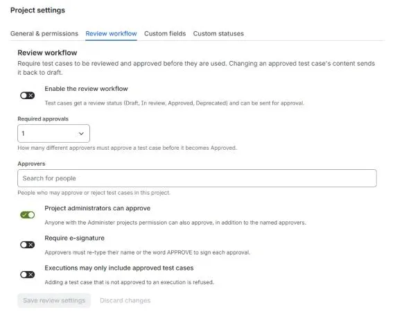 Review workflow settings with required approvals, approvers, e-signature and approved-only executions
